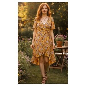 Sanctuary Yellow Floral Wrap Dress Short Flutter Sleeve High Low Hem Size 10